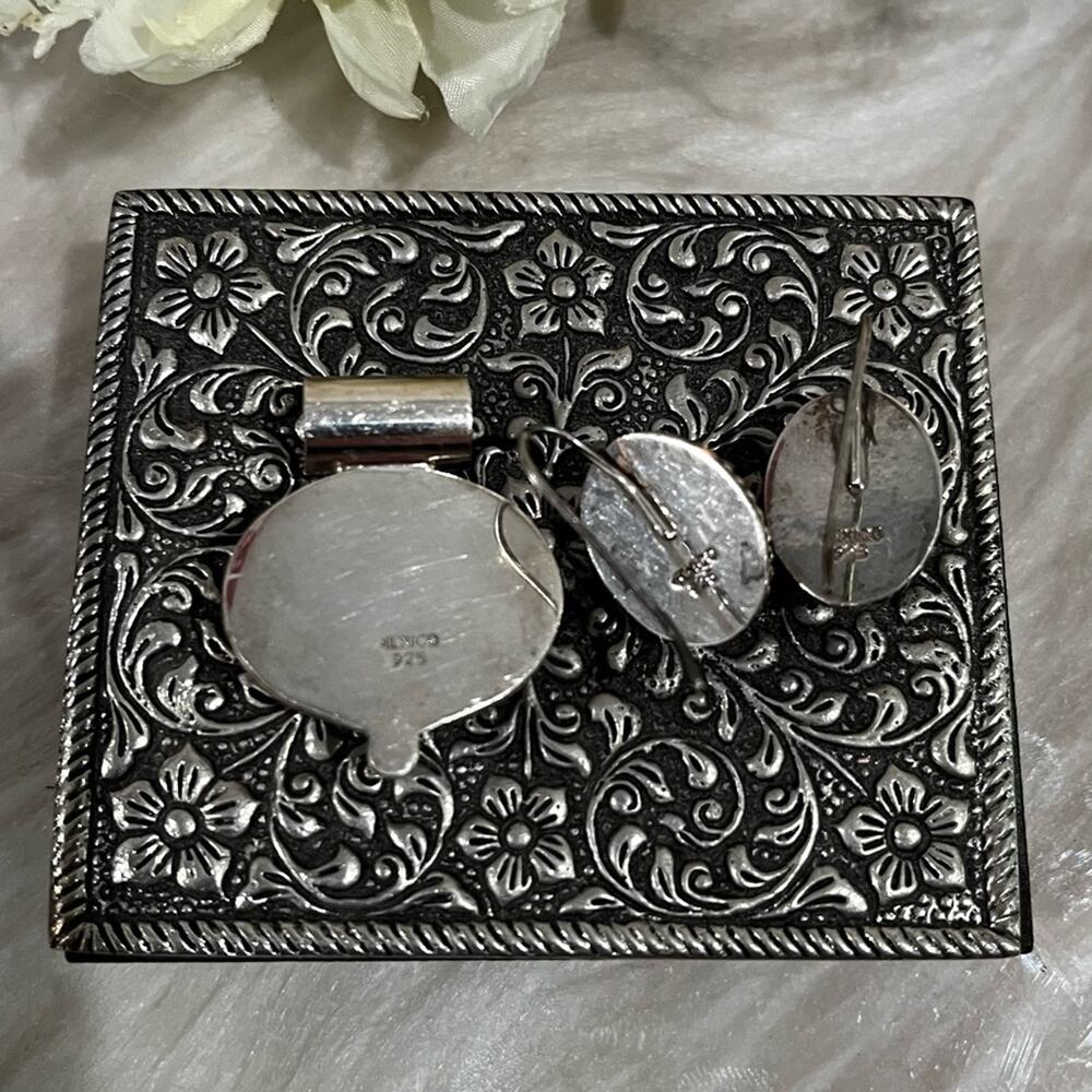 Vintage Mexican Taxco 925 Sterling Silver Cabochon Cut Cats Eye Pendant Earrings - Picture 5 of 15